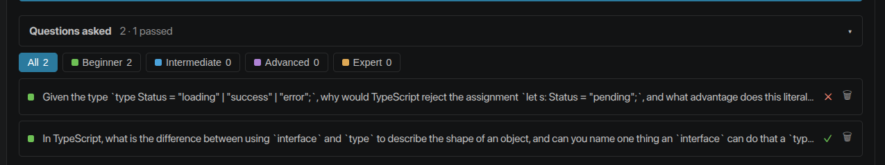 AI-generated test questions filtered by tier with pass/fail marks