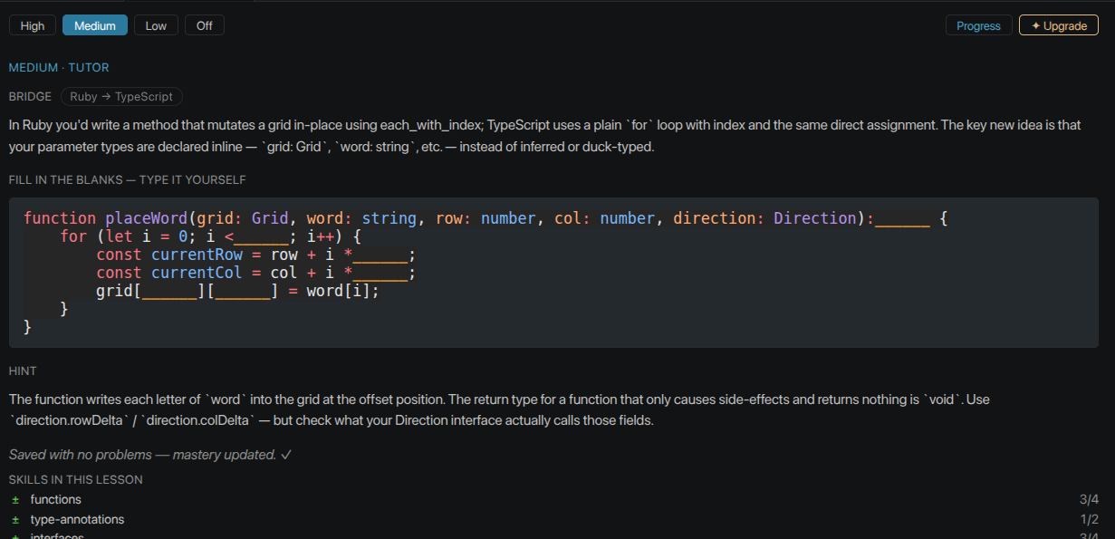 The Midnight Oil Tutor panel: assist dial, Ruby→TypeScript bridge, syntax-highlighted fill-in-the-blanks, hint, and skills